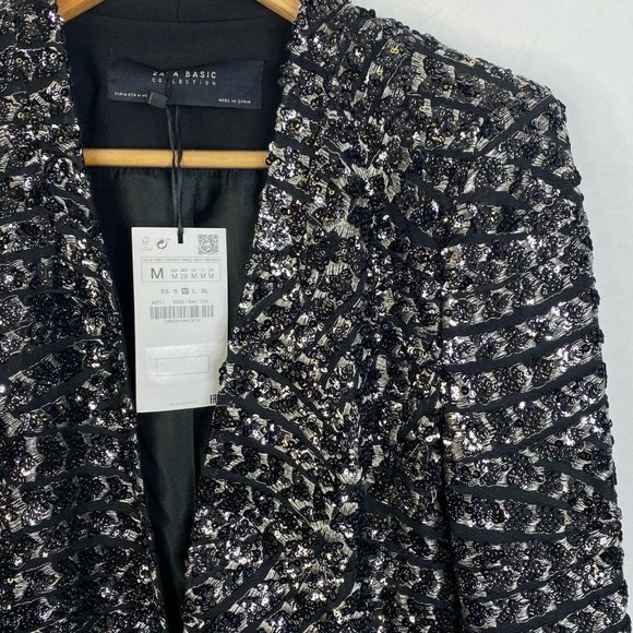 Zara Basic Collection Womens Black Embroidered Sequin Blazer Jacket Size Medium - Picture 3 of 6